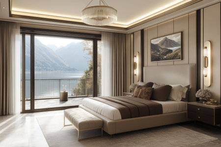 Master bedroom in a luxury home with a large bed, a bench at the end of the footboard, glass doors leading to a balcony overlooking a lake, a neutral color palette, cream and brown walls, vintage wall art, a modern chandelier, a cozy atmosphere, sunlight streaming through the windows, elegant decor, and a sophisticated ambiance. --ar 3:2 --v 6.1 Job ID: 2a5130fc-fe70-4ed0-9241-9870bd74e431の素材
