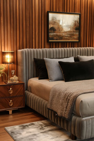 A bedroom with vertical wooden strips on the wall, a modern-style bed and a grey fabric headboard, black velvet pillows and a throw pillow, a side table beside it holding an elegant lamp, wall art hanging above a bedside cabinet, warm lighting creating a cozy ambiance, an indoor setting with a wooden floor, luxurious home decor photography, high-resolution photography. --ar 2:3 --v 6.1 Job ID: 7798d4d9-6b49-49cb-89e1-9f27a06fc86bの素材