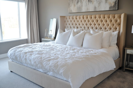 A large bed with a beige headboard and white pillows in the bedroom. There is an empty mirror on one side of it. The room has a gray wall color and a floor covered by a fluffy carpet, and a window behind which sunlight shines through. There is also some art hanging above the bed that adds to its visual appeal. A small table stands beside the bed, adding another element for practicality. This setting creates a cozy atmosphere, perfect for relaxation or morning self-pampering. --ar 3:2 --v 6.1 Job ID: f3ba2d10-b69c-4a11-90ca-e7a3f1b2160eの素材
