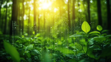 A forest scene with an overlay of digital graphs and data points, symbolizing the connection between technology and nature in sustainable business practices. The sunlight filtering through the leaves creates a soft glow on the green plants, highlighting their growth patterns. This visual metaphor represents how precision plant science can lead to more eco-friendly woodland retreats for humans. --ar 53:30 --v 6.1 Job ID: 3963db82-104b-4938-a16f-d3bdffd273a6の素材