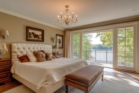 Master bedroom in a luxury home with a large bed, a bench at the end of the footboard, glass doors leading to a balcony overlooking a lake, a neutral color palette, cream and brown walls, vintage wall art, a modern chandelier, a cozy atmosphere, sunlight streaming through the windows, elegant decor, and a sophisticated ambiance. --ar 3:2 --v 6.1 Job ID: 2a5130fc-fe70-4ed0-9241-9870bd74e431の素材