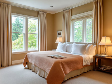 A minimal modern bedroom with wide windows, light brown walls and beige curtains, a large bed covered in an oversized peach fuzz-colored comforter and white pillows, two side tables on each end of the bed with lamps, carpeted floor, book lying open beside the footboard, a warm glow from one window. --ar 4:3 --v 6.1 Job ID: 3bed3183-f9ff-4bd2-942e-c734da2a043fの素材
