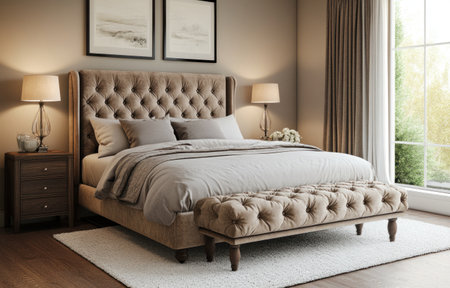 A luxurious bedroom with an elegant bed, a plush beige velvet headboard and footstool, grey linen sheets, two bedside tables on each side of the bed with lamps, a white carpeted floor, wooden floors, a large window with sheer curtains, and warm lighting. This is a 3D rendering. --ar 47:30 --v 6.1 Job ID: 35579f58-8e05-4b8a-b6d3-4306c2938607の素材