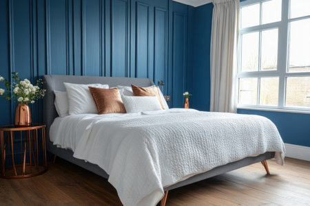 A simple bedroom with blue wall panels, a grey bed frame, and white bedding. The room also has copper side tables and wooden flooring. There is a window on the right-hand side of the picture that holds white curtains. A vase holding flowers sits atop one nightstand. --ar 3:2 --v 6.1 Job ID: 6e69d135-24e6-4f0e-b00c-50da3a6ab15eの素材