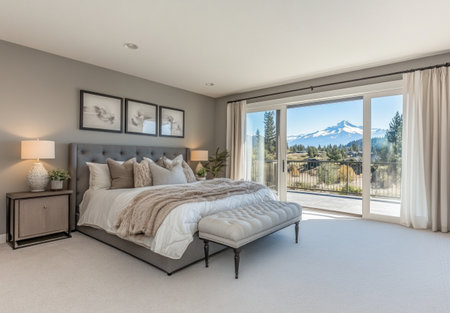 Master bedroom in a luxury home with gray walls, a large bed, white carpet, and floor-to-ceiling windows overlooking the mountains of Oregon. The room also has an open balcony door leading out onto a patio area. --ar 22:15 --v 6.1 Job ID: c45271b0-f455-438b-a6e6-a08aa9a0a37aの素材