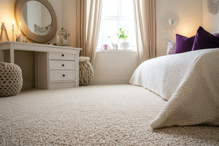 A white and beige bedroom with a small desk, a large mirror on the wall above a white chest of drawers, a carpeted floor, a window in the background, purple pillows on the bed, and beige curtains, in a modern style. --ar 3:2 --v 6.1 Job ID: 9f101b11-5e9d-470d-a156-9fd412bf5214の素材