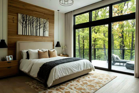 Master bedroom in a luxury home, with a large bed with a headboard and nightstands on each side of the bed. Glass doors leading to the patio area, white oak floors, and a soft, neutral color scheme. A small rectangular rug, modern pendant light fixtures above the ceiling outline, and sliding windows open to a beautiful backyard. A wide-angle shot showing the entire room. --ar 3:2 --v 6.1 Job ID: 6a76660f-fb86-4980-9e4a-e7bcf0bcaff3の素材