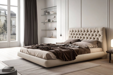 Minimalist-style bedroom with a large bed featuring a beige fabric headboard and a brown satin blanket on the floor. The walls are white, and there are glass shelves above the wall, behind which is light wood flooring. A large window allows sunlight to shine in, and the curtains are in a dark gray color. The room has a modern interior design. The photo was taken from a front angle using a Canon EOS camera with a macro lens. --ar 3:2 --v 6.1 Job ID: 76b224c1-5ce4-461e-be73-f2e5af27ed01の素材