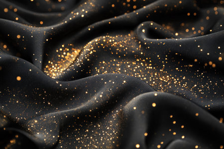A golden, starry sky, sparkling with gold particles, shines on the black silk fabric, creating an ethereal and dreamy atmosphere. The glittering stars reflect light in various shapes, adding depth to the scene. A panoramic view of the background highlights its grandeur. This is a high-definition photograph with a resolution of 3840 x 2560 pixels. It was captured using a Canon EOS-1D X Mark III camera with an EF lens at an f/7 aperture setting. --ar 3:2 --v 6.1 Job ID: 7389dd81-2c4a-48a7-a186-cfd1fb5203a9の素材