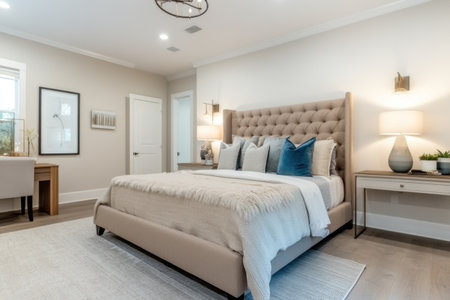 A bedroom with an elegant bed, beige and grey bedding, light blue pillows on the headboard, light gray wooden floor, a small bedside table nearby, a white wall behind the bed, and modern lighting fixtures above the desk. --ar 3:2 --v 6.1 Job ID: 74035041-aeec-4270-8486-a20a1703f048の素材