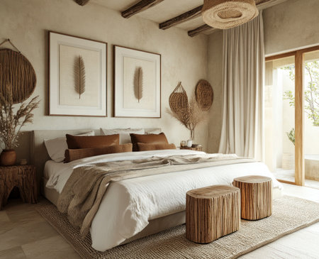 3 large, thick, white wooden picture frames on the wall above the bed, in a boho-style bedroom with neutral tones. The frames do not block the view. Rendered using Octane, the result is a photorealistic image. --ar 37:30 --v 6.1 Job ID: 662a75c7-968f-4323-86ee-1d7f98acd661の素材