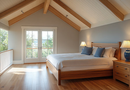 A bedroom with wooden furniture, including an oak bed and nightstands, in South Africa. The room has light grey walls, white ceiling, and wood floor. It also features two blue lamps on each side of the bed, a window to one end that leads out onto another balcony outside, and soft lighting from a lamp at front left corner. A view is captured from across part or all of it. --ar 22:15 --v 6.1 Job ID: 9571a2c9-76b1-4c12-b7d6-50a1656da3f4の素材