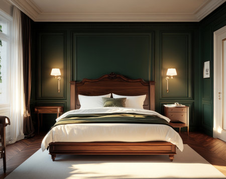 Bedroom interior design, a wooden bed with dark green walls and a white ceiling, lamps on the wall, a minimalistic style, modern furniture, a wooden floor, modern interior design, a front view, a wide shot, a 3D render, Octane render, high-resolution photography, ultra-detailed, hyperrealism. --ar 19:15 --v 6.1 Job ID: c14b102b-12b5-4fb7-a95a-5eb0c5f256bbの素材