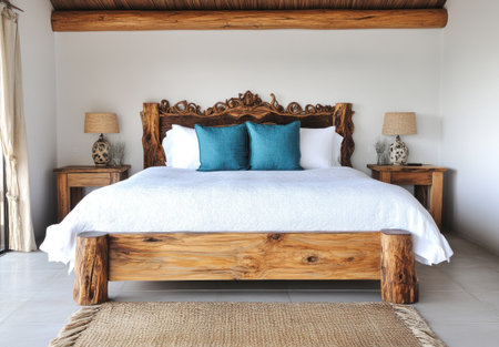 photo of a wooden bed with white linen and blue pillows, two bedside tables on each side of the bed, light grey walls, wide angle shot, natural lighting, beautiful bedroom in South Africa home --ar 22:15 --v 6.1 Job ID: 037120bb-3220-4706-afbe-81ce59dd8782の素材