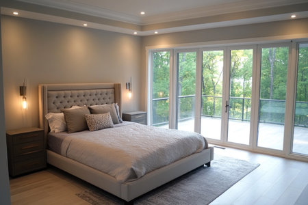 Master bedroom in a luxury home, with a large bed with a headboard and two nightstands on each side of the bed. Glass doors lead to a patio outside. The floors are made of white oak, and the walls are a light grey. The ceiling is low, with a single small wall lamp over the bedside table. The home is in a contemporary style, with bright lighting. --ar 3:2 --v 6.1 Job ID: d5af8cab-e7f8-42b9-8b0a-d6f42f745729の素材