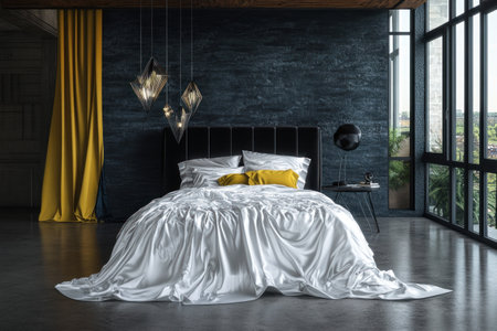 Modern loft-style bedroom with a dark gray stone wall, a wooden ceiling, and a concrete floor. A black bed with white linens, a black table lamp on the right side of the room, and yellow accents. A large window with natural light and geometric pendant lamps above it. The interior is decorated in blue tones. Realistic rendering. --ar 3:2 --v 6.1 Job ID: 02b94123-d2ec-447d-a0ab-b9a8175757e1の素材