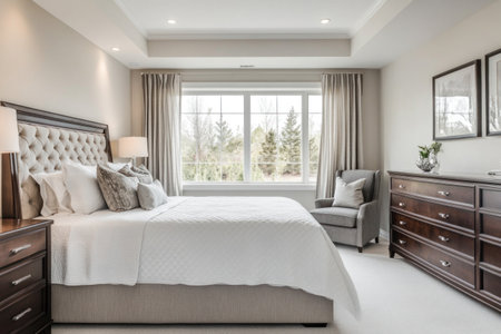 photo of an elegant bedroom in a new home, featuring a large bed with white and grey bedding, wooden headboard, two nightstands on each side of the bed with lamps, small armchair near window overlooking backyard garden, dark brown wood dressers at end of room, light gray carpeted floor, neutral color palette, natural lighting from windows, professional photography style --ar 3:2 --v 6.1 Job ID: 8df81db4-2de4-4e22-9c25-06e8e8227c29の素材