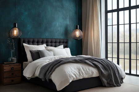 A bedroom with an accent wall painted in dark teal, a modern bed with white linen and a black headboard, a cozy grey blanket on top of it, two hanging lamps above the bed, and a wooden nightstand nearby. The photography has a vintage style and an aesthetic appeal, as if it were for an interior design magazine. The image was shot using a Sony Alpha A7R IV camera. --ar 3:2 --v 6.1 Job ID: 6ec15982-8f31-4196-941f-6060b0226c2bの素材