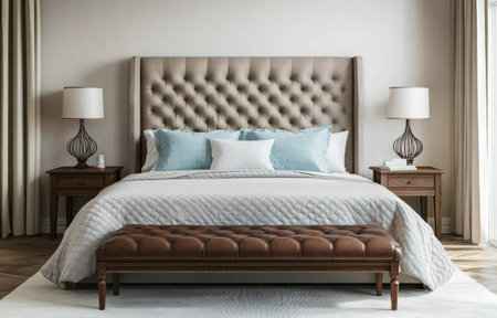 A simple bedroom with a large bed, two side tables and lamps on each bedside table, beige curtains on the wall, white carpet on the floor, a brown leather bench at the foot of the bed, light blue pillows in a gray quilted coverlet, and a wooden floor. Minimalist style, soft lighting, neutral tones, 3D rendering, wide-angle lens, natural shadows, and a calm atmosphere. --ar 47:30 --v 6.1 Job ID: 7dfb6b7a-f7a0-40eb-b000-140d3cab5b7aの素材