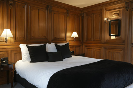 A modern bedroom with wooden panels on the walls, a white bed with black pillows, bedside tables with lamps, and a mirror above it. --ar 3:2 --v 6.1 Job ID: c38f9309-d841-4799-8879-299be936d2a9の素材