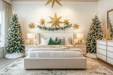 A bedroom with white walls, decorated for Christmas in gold and green tones. Beautiful Christmas trees flank the sides of the bed, and a garland made from golden stars hangs above it. The modern furniture and cozy atmosphere create a welcoming space, captured in a wide-angle, professional-quality photograph with soft lighting. --ar 3:2 --v 6.1 Job ID: 79834e92-2749-4ade-bafe-358d6c41321fの素材