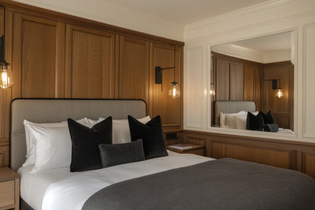 A modern bedroom with wooden paneling on the walls, white walls, and light wood nightstands. Black pillows adorn an elegant bed with grey linens. Ambient lighting is provided by hanging pendant lights, and a mirror reflects the room's design elements. --ar 3:2 --v 6.1 Job ID: 8ca7ae40-c76a-4e13-be66-ecceb9b3d242の素材