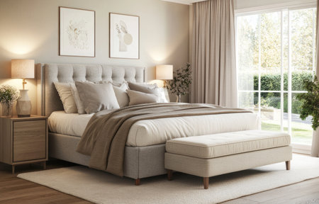 Modern bedroom with a bed, a beige and grey color palette, a rectangular footstool placed at the end of the headboard on one side, two bedside tables and lamps on each corner, soft lighting, a white carpet in front of the bed, a wooden floor, window curtains, high resolution, hyper-realistic in the style of a photorealistic painting. --ar 47:30 --v 6.1 Job ID: 9fea140f-bbc5-442a-a7af-1c33785513dfの素材
