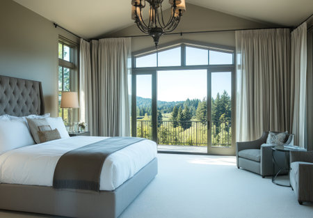 Master bedroom with white carpet, large bed in front of window overlooking Oregon hills and forest, gray walls, cream bedding, tall ceiling, elegant chandelier hanging from the center of the room, glass sliding doors leading to a balcony, large gray armchair on the right side near the windows. --ar 22:15 --v 6.1 Job ID: 08f4050b-104a-4070-8bbc-9c7ec41ed8e2の素材