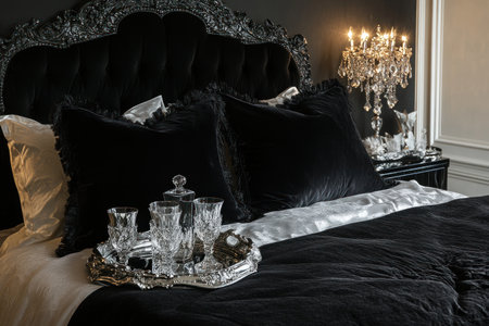 A luxurious bed with plush black velvet bedding, featuring an elegant silver tray holding crystal glasses and delicate decorations on the headboard. The room is adorned in dark tones, exuding opulence and sophistication. --ar 3:2 --v 6.1 Job ID: be07cf44-be76-40b3-8d4d-7be0ba3efd1cの素材