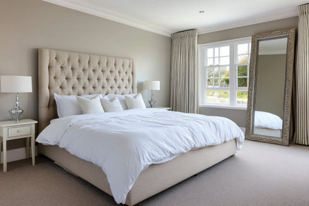 A large bed with white linens and a beige fabric headboard, a standing mirror in the corner of the bedroom, a fluffy carpet on the floor, light gray walls, a Scandinavian-style interior design, and natural lighting. --ar 3:2 --v 6.1 Job ID: 63ce88dd-1510-48b8-8b44-f1ae0b1fb903の素材