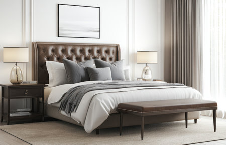 A modern bedroom with a large bed, a single leather headboard, and two side tables. Beige carpet covers the floor, with lamps, grey pillows and a blanket, and a brown bench at the foot of the bed. The walls are white, and a window curtain completes the scene. This is a 3D rendering illustration. --ar 47:30 --v 6.1 Job ID: 5eada505-ba8b-46fd-8399-ea57a0cded48の素材