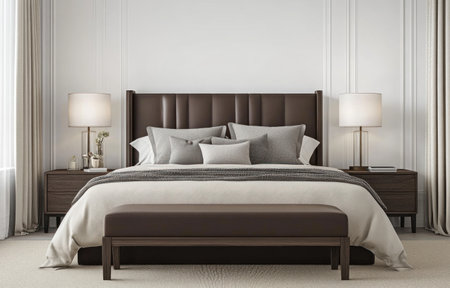 A modern bedroom with a large bed, a single leather headboard, and two side tables. Beige carpet covers the floor, with lamps, grey pillows and a blanket, and a brown bench at the foot of the bed. The walls are white, and a window curtain completes the scene. This is a 3D rendering illustration. --ar 47:30 --v 6.1 Job ID: 5eada505-ba8b-46fd-8399-ea57a0cded48の素材