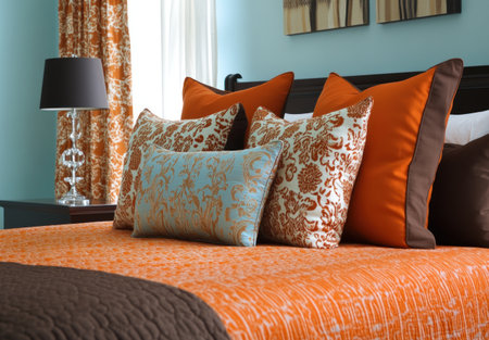 An orange and brown bed with patterned pillows, set against a light blue wall. The room has curtains in the same colors as part of its decor. --ar 43:30 --v 6.1 Job ID: d1869725-5e04-44df-8dc0-8db89401236cの素材