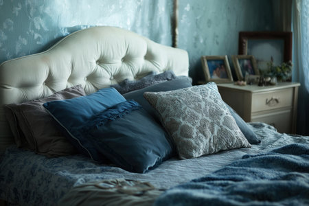A bed with a white headboard, blue and grey pillows on top of the bed, has an open square cushion in a dark light blue with a white patterned texture. There are also some small photo frames and a nightstand beside it, in the style of hyper-realistic photography with natural lighting. --ar 3:2 --v 6.1 Job ID: 3af3edab-f26c-4e38-909a-9cc0781fb2b7の素材