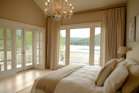 Master bedroom in a luxury home with a large bed, a cream and beige color scheme, an elegant chandelier hanging from the ceiling, double French doors leading to a balcony overlooking a lake with a white wooden bench outside the door, wall art on the walls, light oak floors and furniture, and tan curtains at the windows. --ar 3:2 --v 6.1 Job ID: d3066072-d24c-4e43-85ab-c347fbf8ee35の素材