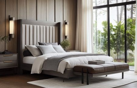 A modern bedroom with a bed, featuring gray and beige colors, a leather headboard, a large footstool, nightstands on either side of the bed, a white rug, a floor lamp, curtains, wall sconces, a large window, and wooden floors. The image is photorealistic in style. --ar 47:30 --v 6.1 Job ID: 6e7c282e-6ed5-4b8b-a670-2677e1398e1fの素材