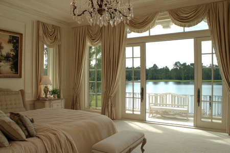 Master bedroom in a luxury home with a large bed, a cream and beige color scheme, an elegant chandelier hanging from the ceiling, double French doors leading to a balcony overlooking a lake with a white wooden bench outside the door, wall art on the walls, light oak floors and furniture, and tan curtains at the windows. --ar 3:2 --v 6.1 Job ID: d3066072-d24c-4e43-85ab-c347fbf8ee35の素材