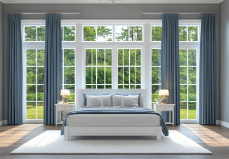 High-quality, high-resolution image of a bedroom with gray walls and a white bed frame, large floor-to-ceiling windows with blue curtains, a night light on the bedside table, wooden flooring, a small white carpet in front of the door, modern-style decoration with clean lines, a comfortable atmosphere, indoor lighting, and a warm color tone. The image is taken from a professional camera perspective. --ar 43:30 --v 6.1 Job ID: eb7ab08e-ed20-45bb-b715-ca277fee3dd4の素材