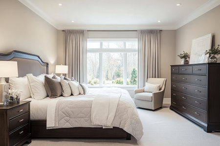 photo of an elegant bedroom in a new home, featuring a large bed with white and grey bedding, wooden headboard, two nightstands on each side of the bed with lamps, small armchair near window overlooking backyard garden, dark brown wood dressers at end of room, light gray carpeted floor, neutral color palette, natural lighting from windows, professional photography style --ar 3:2 --v 6.1 Job ID: 23a1e70c-82a5-4e51-be98-a4961cbf4b6dの素材