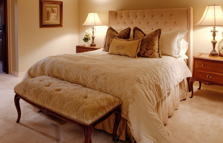 A luxurious bedroom with an elegant bed, plush velvet bench, and side tables, complemented by soft pastel colors for a tranquil atmosphere. The room is bathed in warm light from two lamps on tall wooden stands, creating a cozy ambiance. A beige carpet lies beneath the foot of the bed, adding to its sophisticated feel. --ar 47:30 --v 6.1 Job ID: c8d050da-7cc6-44e7-a02b-d0ee8f6a9940の素材