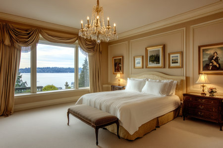 A large bedroom with tan walls, beige carpeting, and a king-sized bed in the center of it. The room has two windows that open to a beautiful view over Lake Washington on one side and an elegant chandelier hanging from the ceiling. On each wall is framed art. A bench sits at the foot end of the bed. There is also some vintage furniture around the room. --ar 3:2 --v 6.1 Job ID: ed280354-9070-46e5-9e77-8060226cbf9dの素材