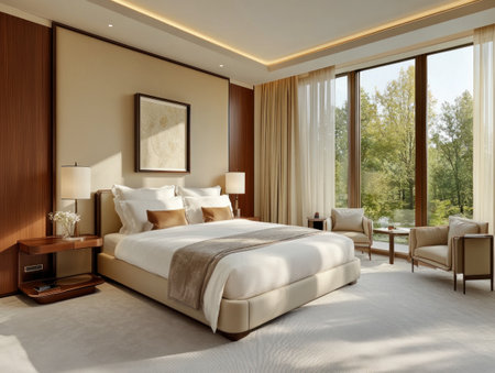 a large bedroom with a bed, side tables and lamps, the walls of beige color, the floor is light gray carpeting, a window on one wall overlooking nature, a mockup frame hanging above the headboard of an elegant king size mattress, the furniture in warm tones, the whole scene gives off comfort and calmness, high resolution, hyper realistic, professional photography, high quality --ar 4:3 --v 6.1 Job ID: ff9d2f10-985b-45d6-a865-5ba29c43ccd7の素材