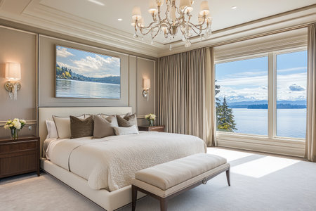Master bedroom in a luxury home with a large bed, neutral tones, an elegant chandelier and lighting, wall art of Lake Washington on the walls, windows overlooking the lake in the background, white carpet, and light tan-colored curtains, with a bench at the end of the footboard. --ar 3:2 --v 6.1 Job ID: 88f21d67-ff9b-40e5-9867-eceb2aedc001の素材