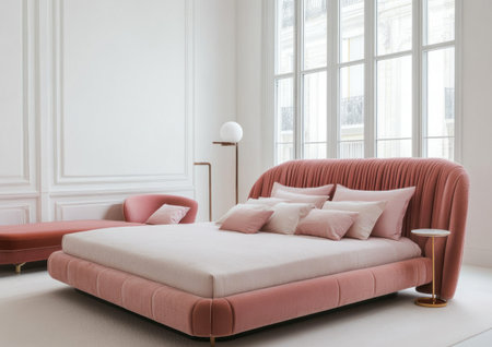 White bedroom with pink headboard and floor lamp, white wall background, pink velvet bed frame, modern style interior design, pink sofa in front of the bed. --ar 7:5 --v 6.1 Job ID: 6d0e1607-ff8d-4e67-af97-762b7f9da464の素材