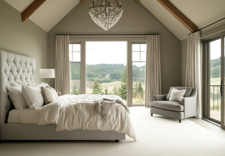 Master bedroom with white carpet, large bed in front of window overlooking Oregon hills and forest, gray walls, cream bedding, tall ceiling, elegant chandelier hanging from the center of the room, glass sliding doors leading to a balcony, large gray armchair on the right side near the windows. --ar 22:15 --v 6.1 Job ID: 08f4050b-104a-4070-8bbc-9c7ec41ed8e2の素材