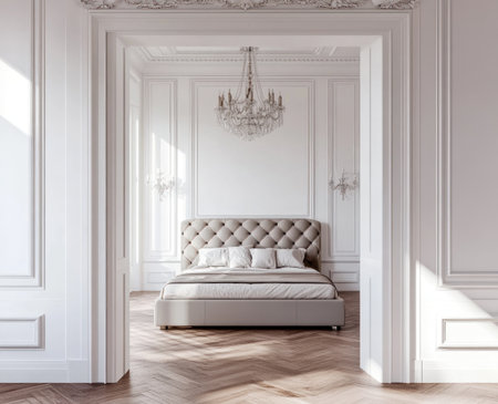 A large bedroom with white walls, a parquet floor, and decorative moldings on the walls. There is an elegant gray leather bed with two pillows. A beautiful chandelier hangs from above. The perspective of the view through the door frame is a wide-angle shot, ultra-realistic photography. --ar 37:30 --v 6.1 Job ID: 71d41906-31a5-461a-8cd7-8e0a3d8aacacの素材