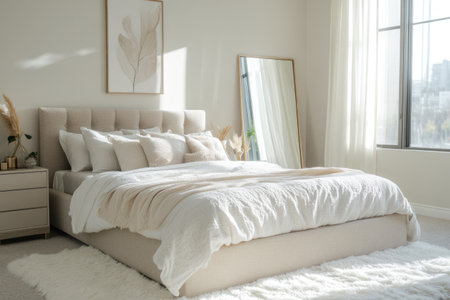 A light gray colored bed with beige headboard, fluffy white carpet on the floor and small paintings hanging in the background. The room is well-lit by natural sunlight coming through large windows, creating soft shadows. There's an empty mirror leaning against one wall, adding to the minimalist aesthetic of the space. A modern nightstand sits beside it, adorned with various pillows and accessories., Minimalist style bedroom, Scandinavian design. --ar 3:2 --v 6.1 Job ID: 42e765d9-efd1-46e5-b884-6b76c17179edの素材