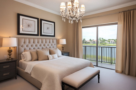 Master bedroom with a large bed, beige walls, and a carpeted floor. A glass door leads to a balcony overlooking a lake. A chandelier hangs above the head of the bed. A small bench sits at the end of the footboard. Tan curtains adorn the windows, and framed art adorns the walls. The color palette is neutral, and the overall style is modern. --ar 3:2 --v 6.1 Job ID: 4e69ec62-3cf5-4da2-af41-fde7cc023a28の素材