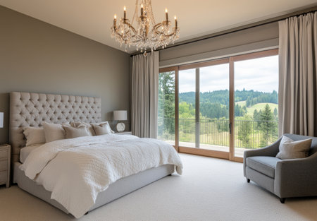 Master bedroom with white carpet, large bed in front of window overlooking Oregon hills and forest, gray walls, cream bedding, tall ceiling, elegant chandelier hanging from the center of the room, glass sliding doors leading to a balcony, large gray armchair on the right side near the windows. --ar 22:15 --v 6.1 Job ID: 08f4050b-104a-4070-8bbc-9c7ec41ed8e2の素材