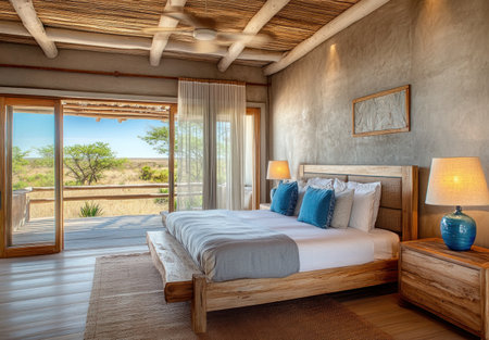 A bedroom with wooden furniture, including an oak bed and nightstands, in South Africa. The room has light grey walls, white ceiling, and wood floor. It also features two blue lamps on each side of the bed, a window to one end that leads out onto another balcony outside, and soft lighting from a lamp at front left corner. A view is captured from across part or all of it. --ar 22:15 --v 6.1 Job ID: 9571a2c9-76b1-4c12-b7d6-50a1656da3f4の素材